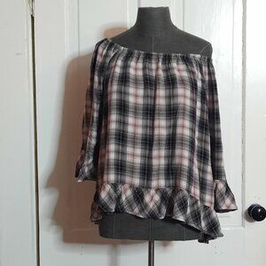 Faded Glory Black White Pink Plaid Off Shoulder Peplum Blouse Ruffle Flannel 2X